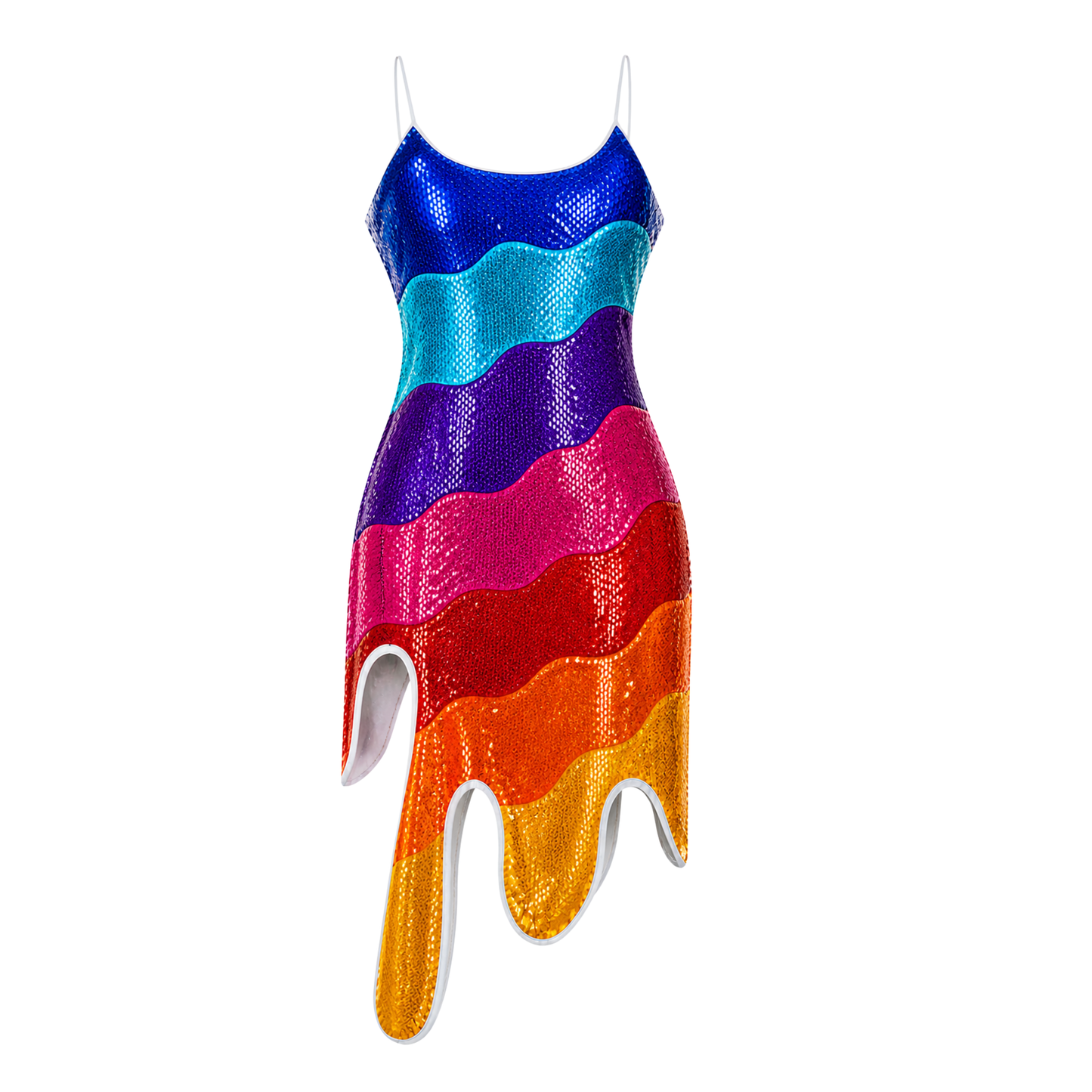 Multicolor Sequin Wavy Dress featuring thin straps and wavy hem, perfect for parties and special occasions.
