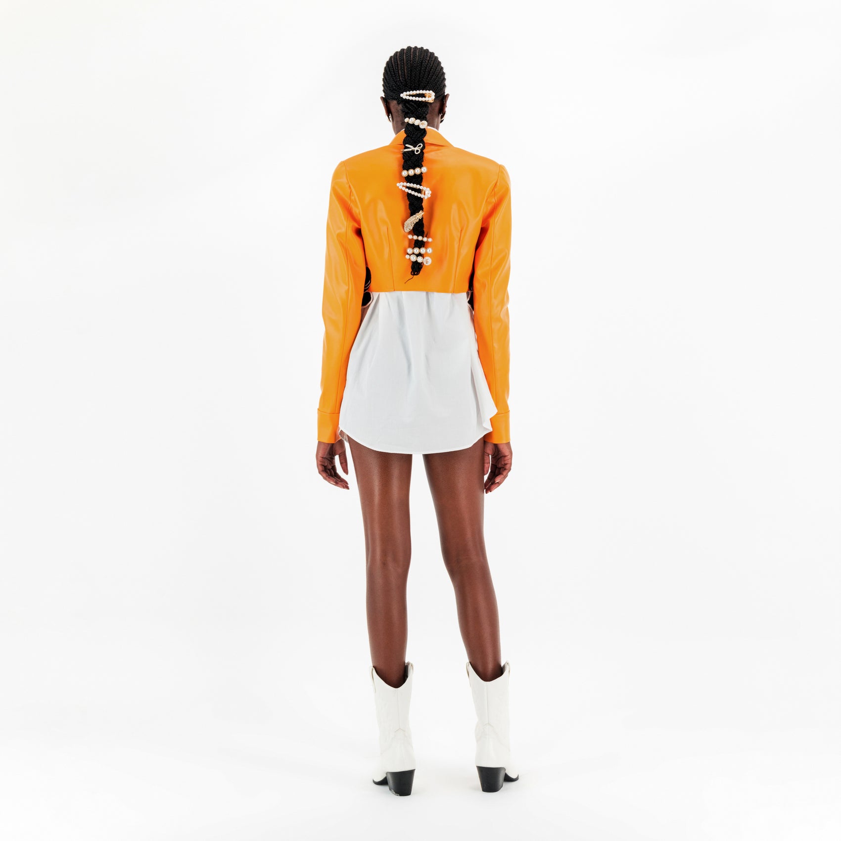 Orange Faux Leather Cropped Jacket