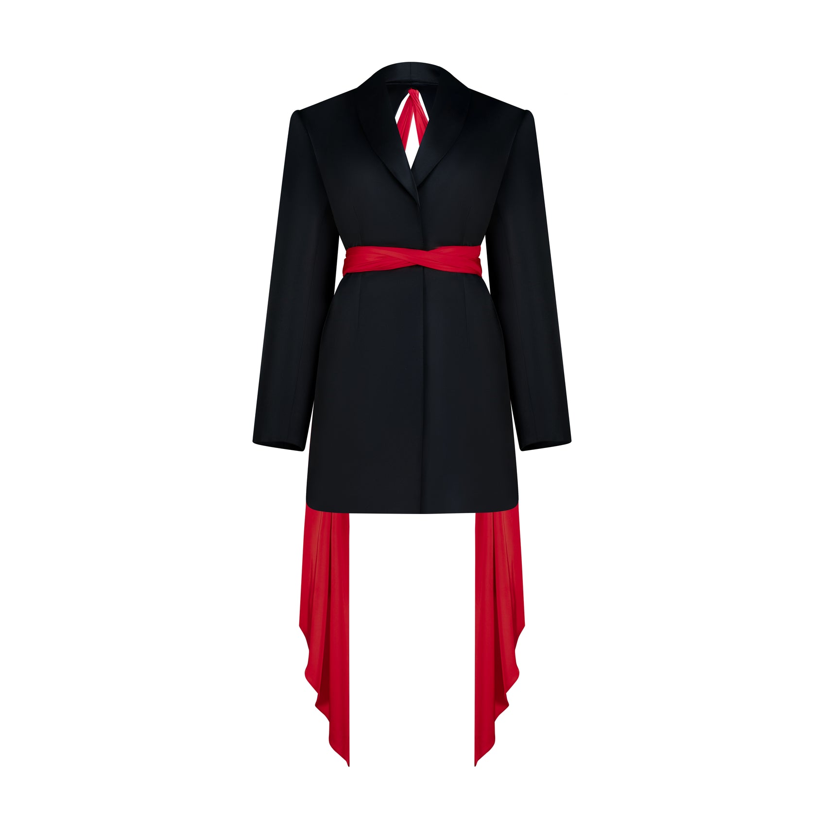 Oversize Silk Jacket in black with open back and red detachable scarf for versatile styling.
