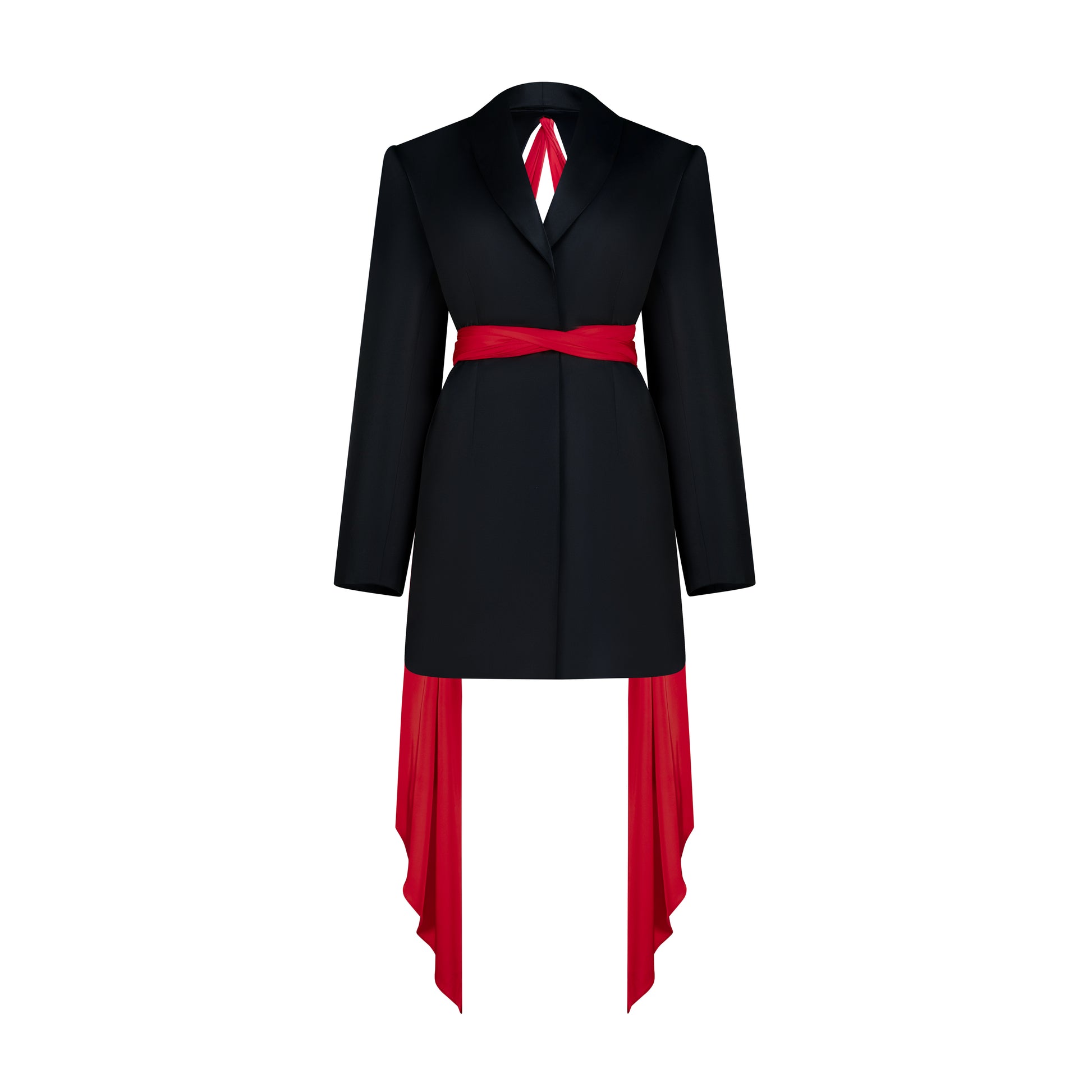 Oversize Silk Jacket in black with open back and red detachable scarf for versatile styling.