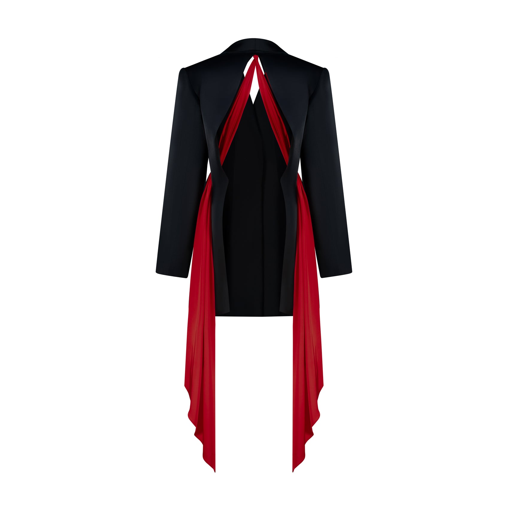 Oversized silk jacket with detachable scarf featuring an open back and red scarf accents.
