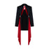 Oversized silk jacket with detachable scarf featuring an open back and red scarf accents.