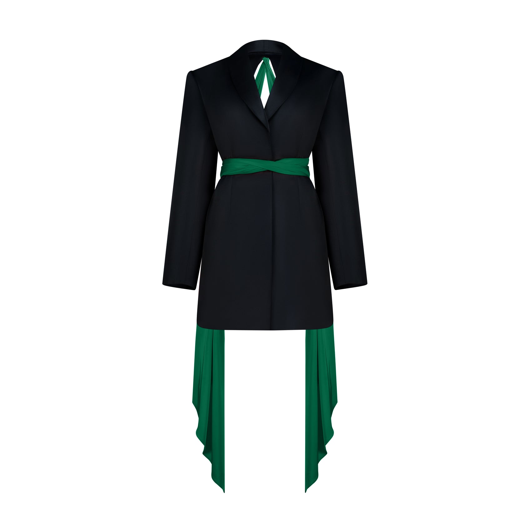 Oversize Silk Jacket in black with a green detachable scarf and open back for versatile styling.