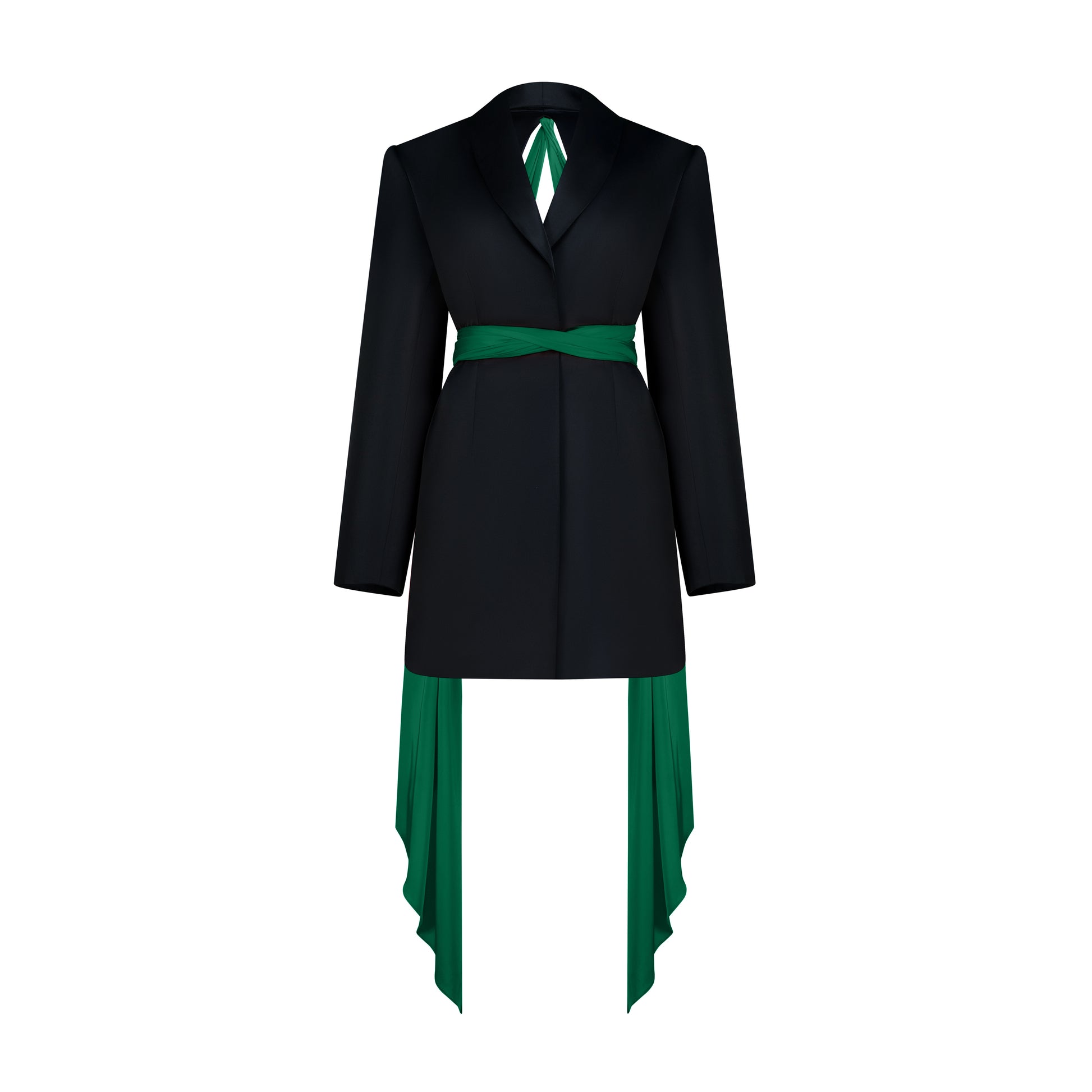 Oversize Silk Jacket in black with a green detachable scarf and open back for versatile styling.