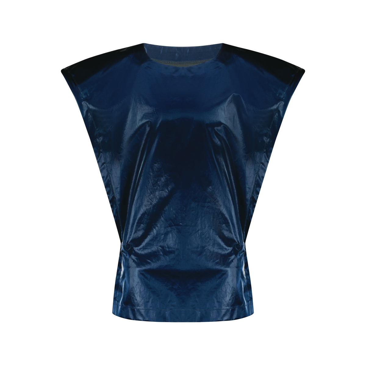 Oversized metal vest in a shiny navy blue finish, showcasing a structured sleeveless design.