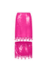 Floating sequin midi skirt in vibrant pink with crocheted hemming and cowrie shell details.