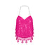 Pink sequin halter neck crop top featuring crystal-embellished straps and crochet hem with cowrie shell details.