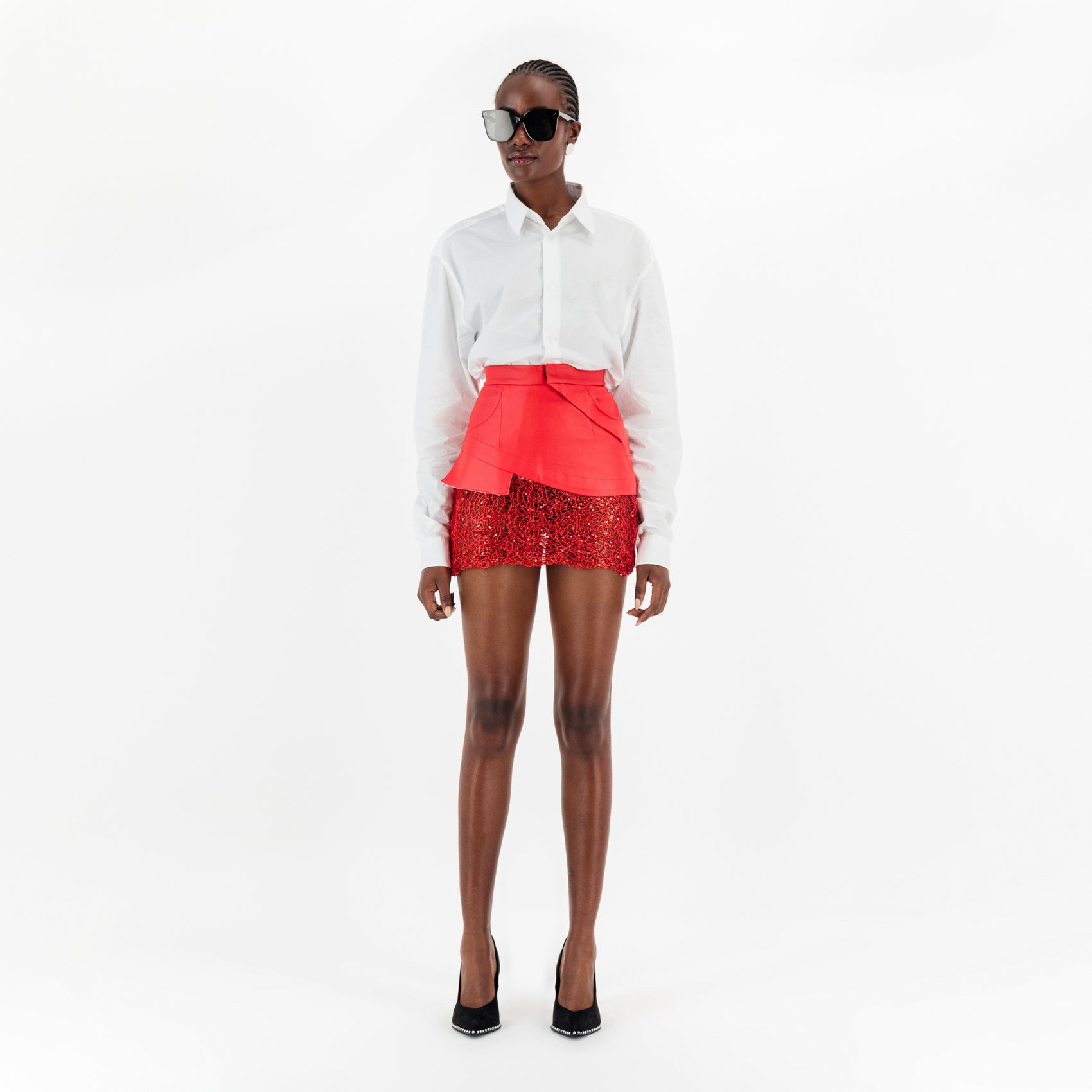 Red Faux Leather Lace Mini Skirt
