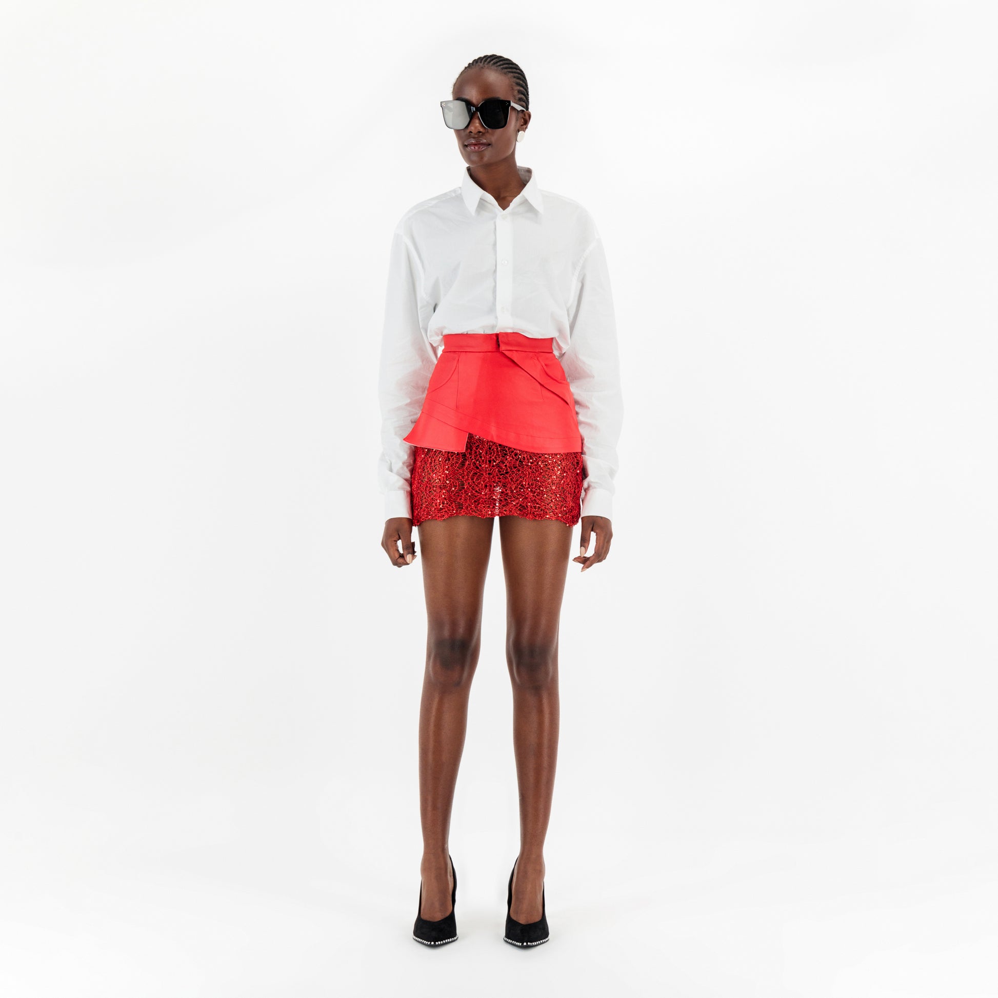 Red Faux Leather Lace Mini Skirt