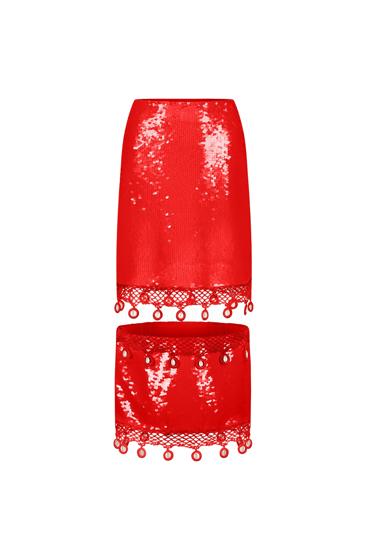 Red floating sequin midi skirt with crochet hemming and cowrie shells detailing.