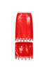 Red floating sequin midi skirt with crochet hemming and cowrie shells detailing.