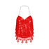 Red sequin halter neck crop top with open back and crochet hem detailing.