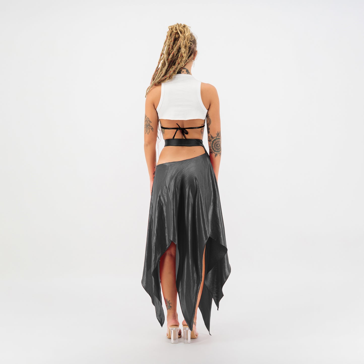 Satin Cut Out Maxi Skirt in Black