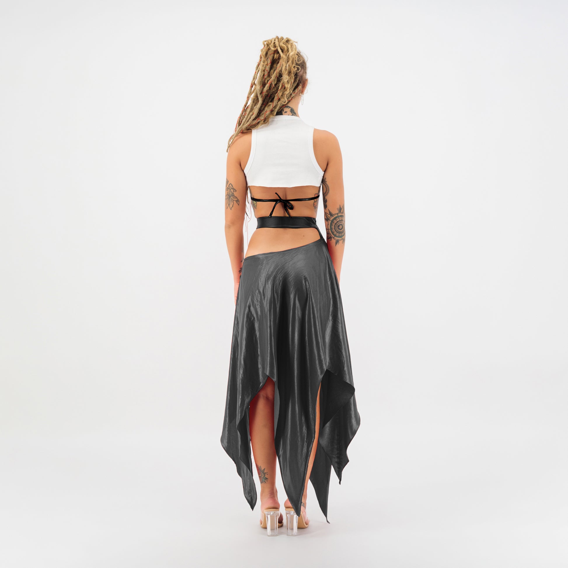 Satin Cut Out Maxi Skirt in Black