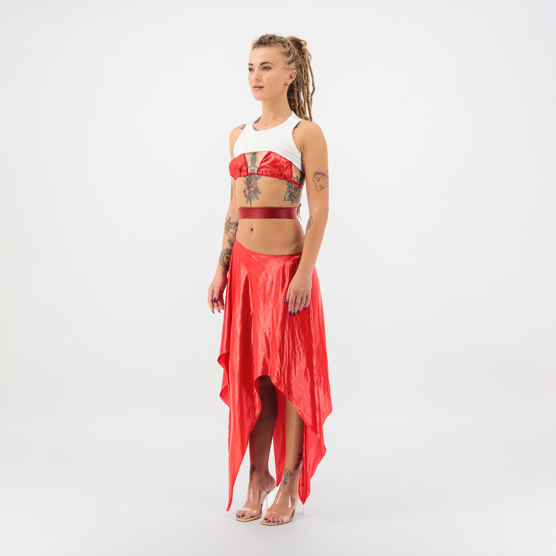 Satin Cut Out Maxi Skirt in Red