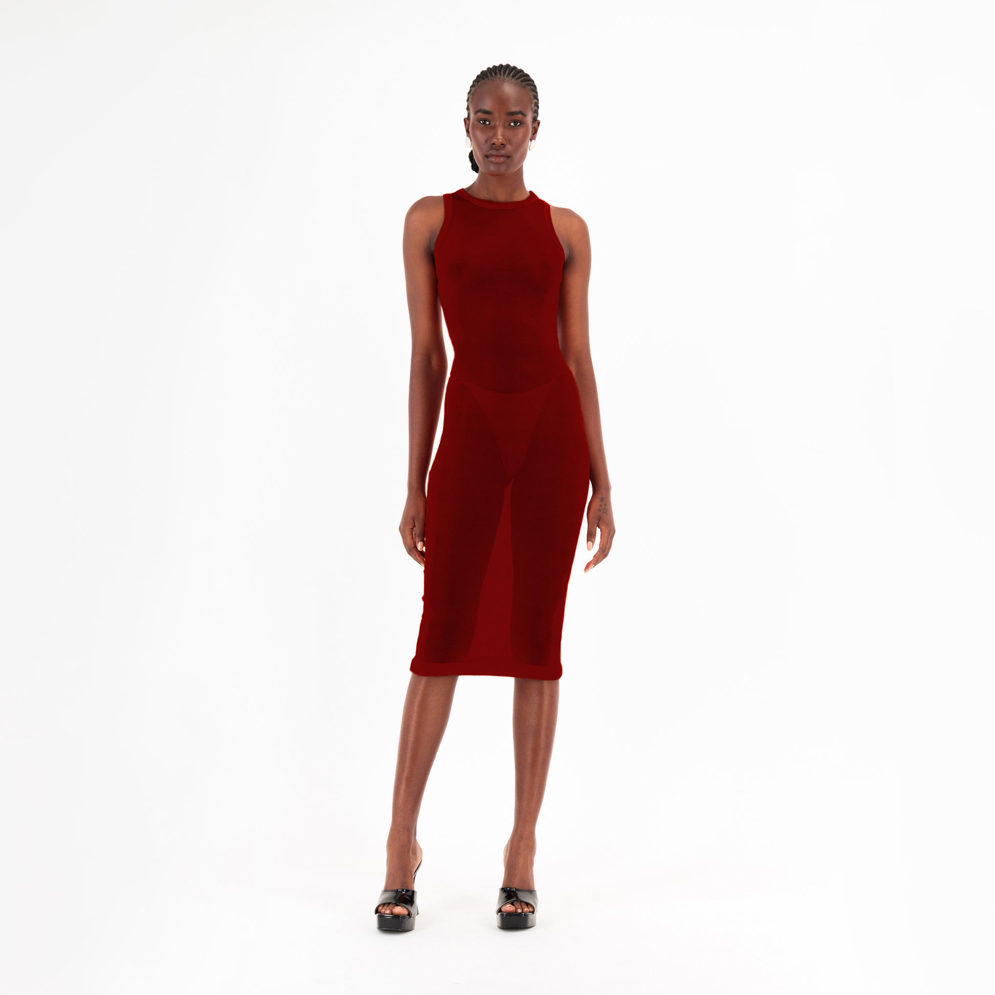 Semi-Sheer Dress In Burgundy, M