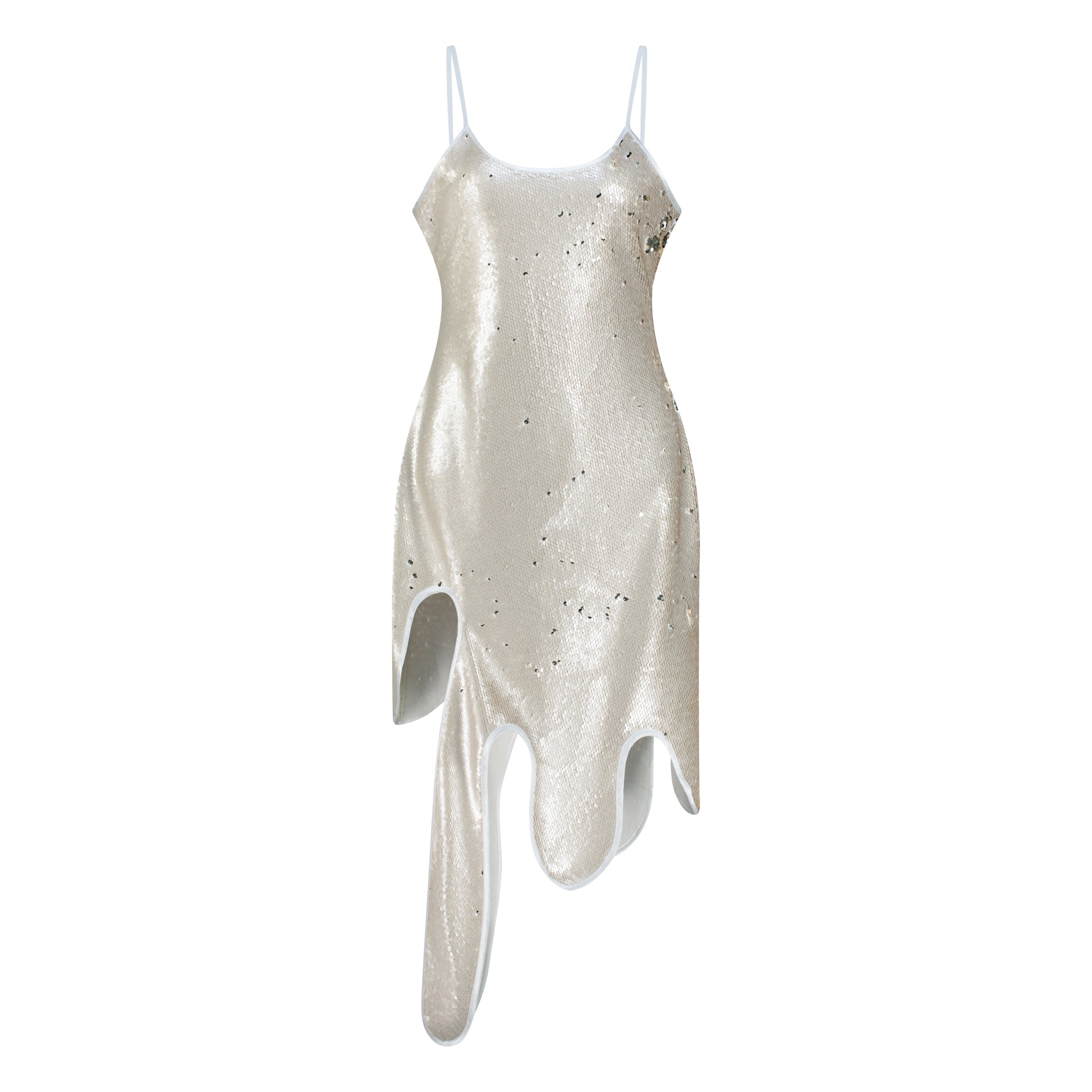 Silver sequin wavy dress featuring a wavy hem, thin straps, and hidden side zipper closure.