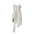 Silver sequin wavy dress featuring a wavy hem, thin straps, and hidden side zipper closure.