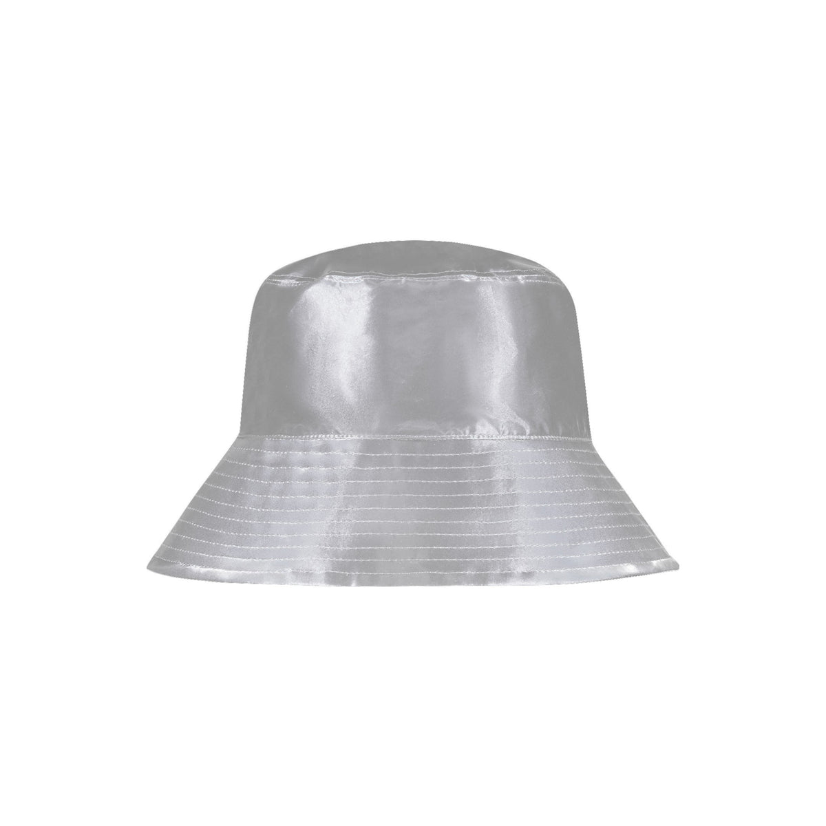 The White Grey Bucket Hat featuring a shiny metallic grey finish and wide stitched brim, ideal for versatile styling.