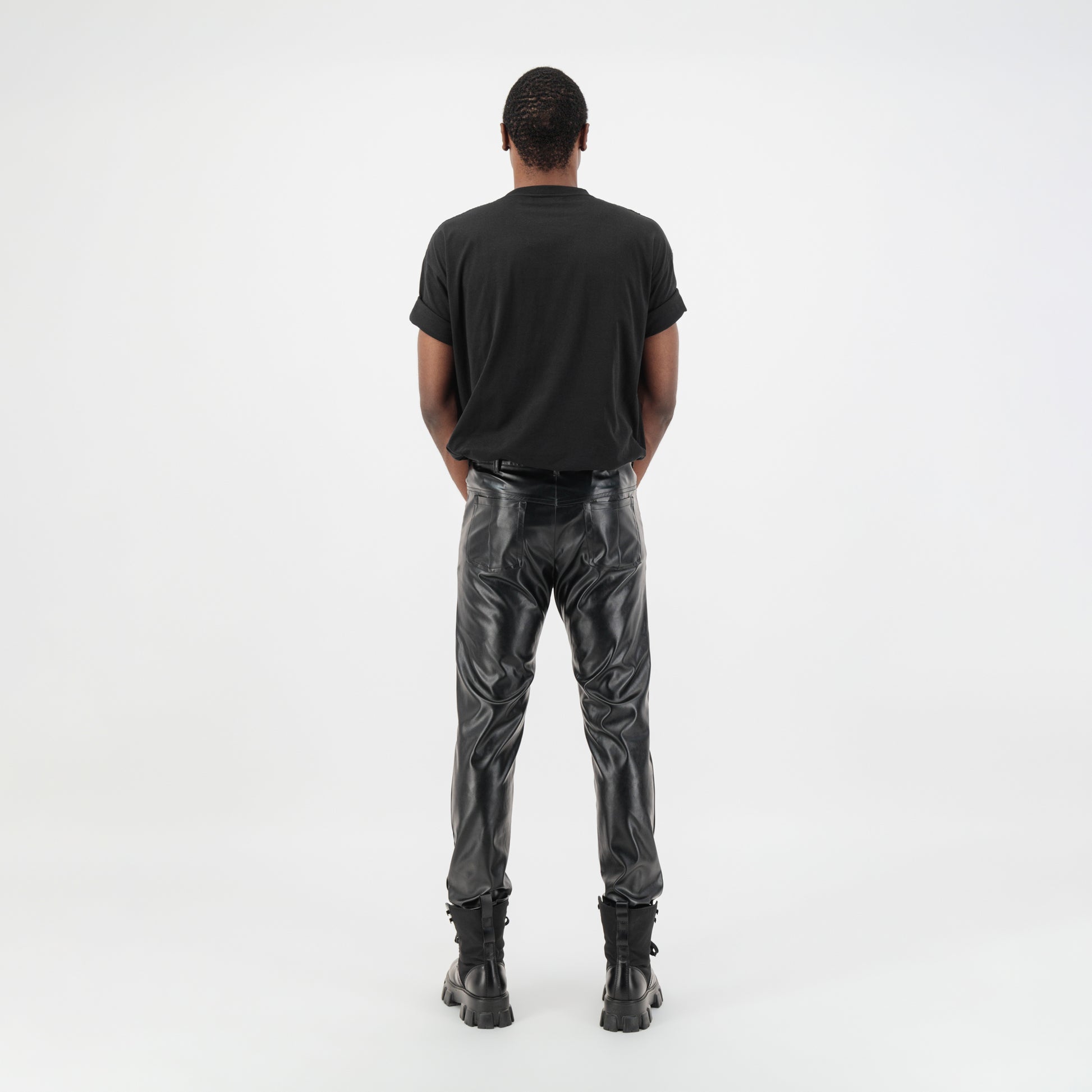 ÚCHÈ Tailored Faux Leather Pants with Metallic Detailing