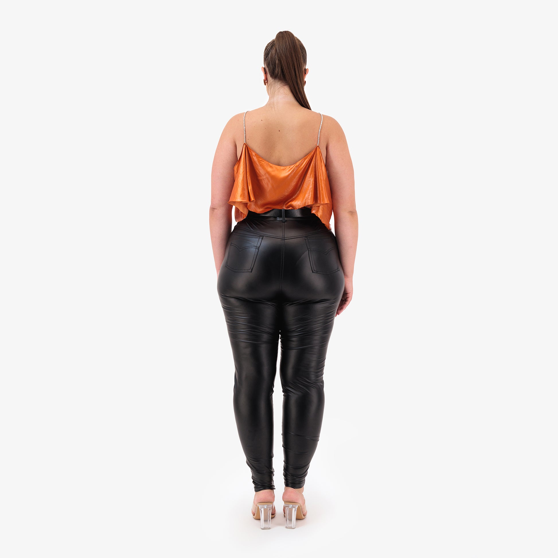 ÚCHÈ Tailored Faux Leather Leggings with Metallic Details