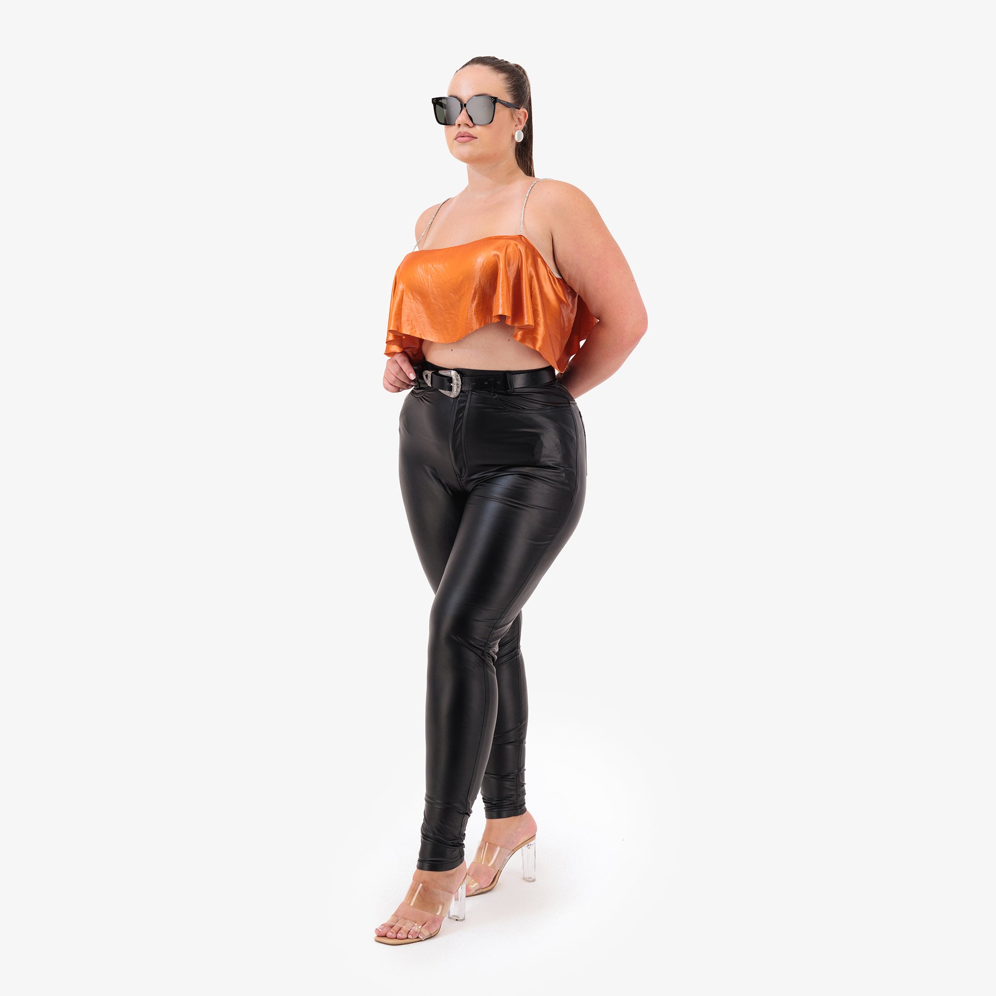 ÚCHÈ Tailored Faux Leather Leggings with Metallic Details