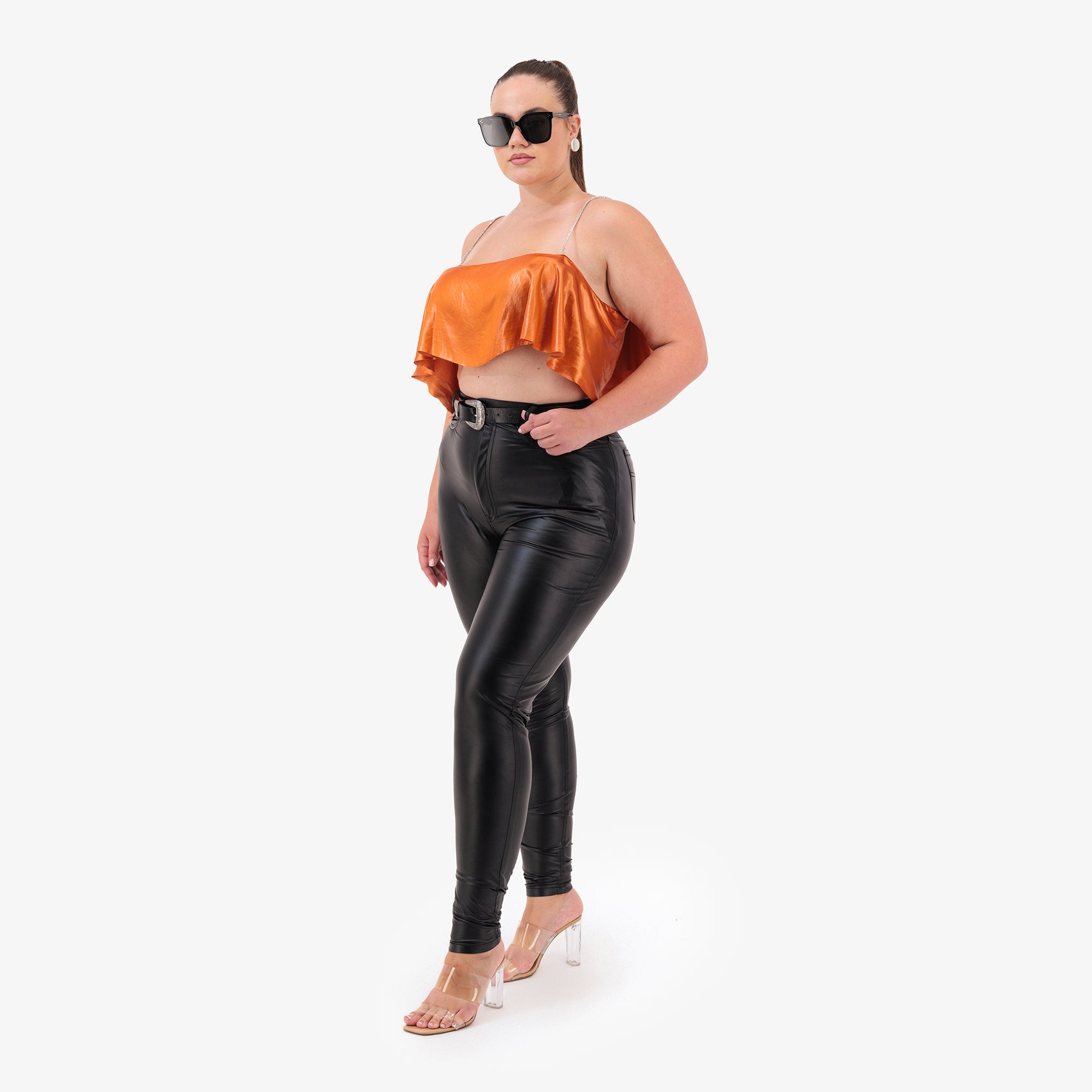 ÚCHÈ Tailored Faux Leather Leggings with Metallic Details