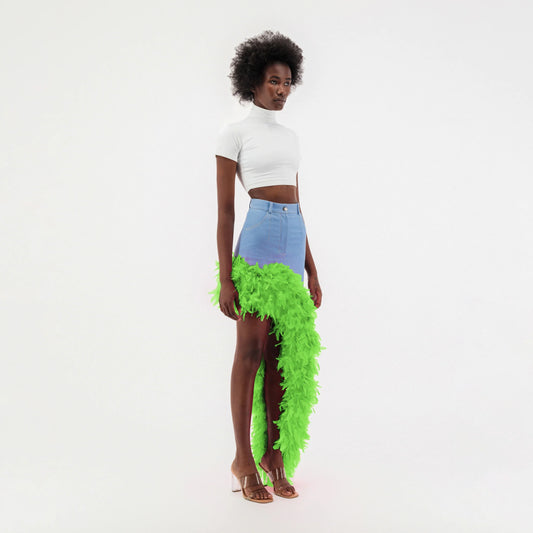Washed Blue Denim Asymmetrical Green Feather Trim Skirt