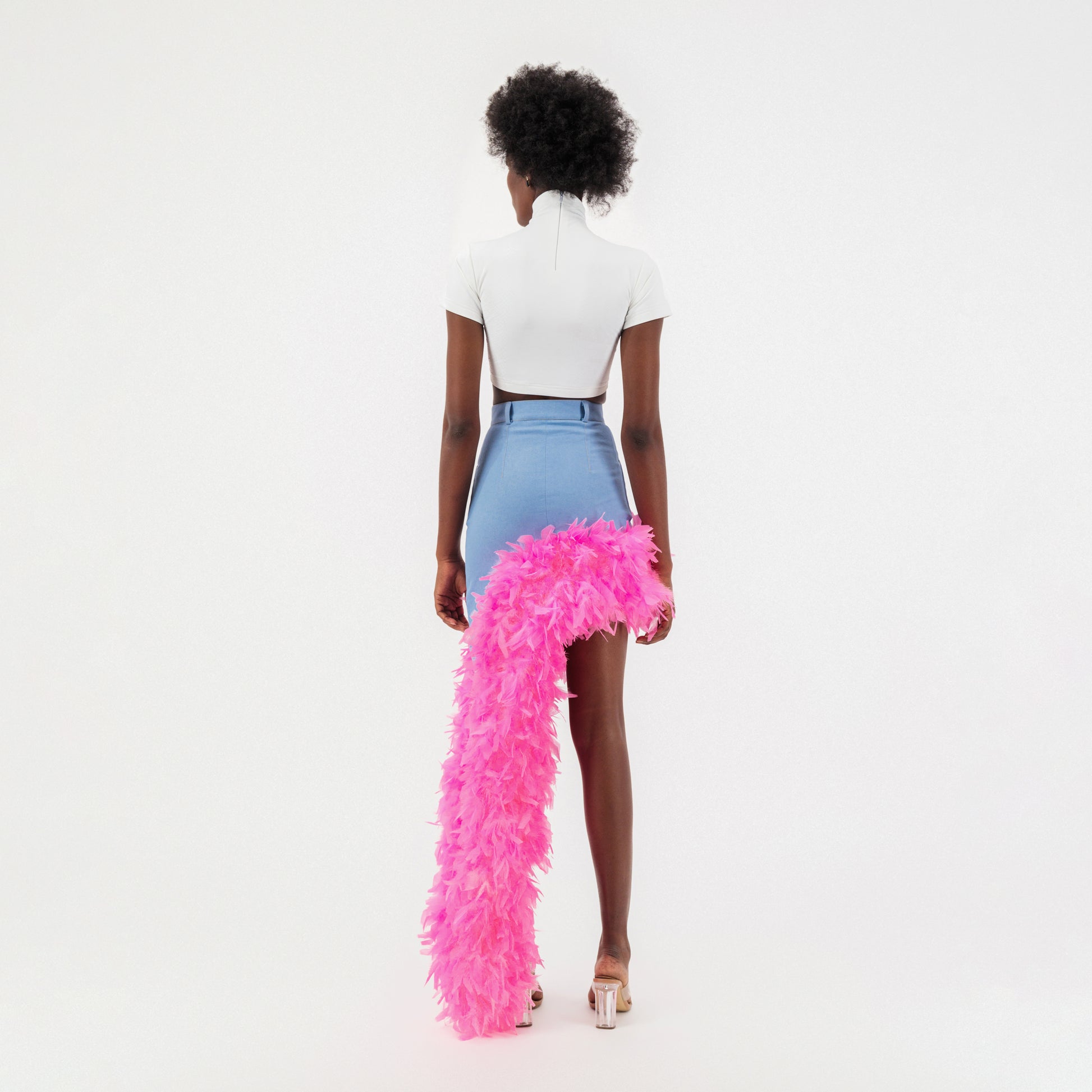 Washed Blue Denim Asymmetrical Pink Feather Trim Skirt