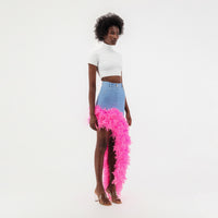 Washed Blue Denim Asymmetrical Pink Feather Trim Skirt