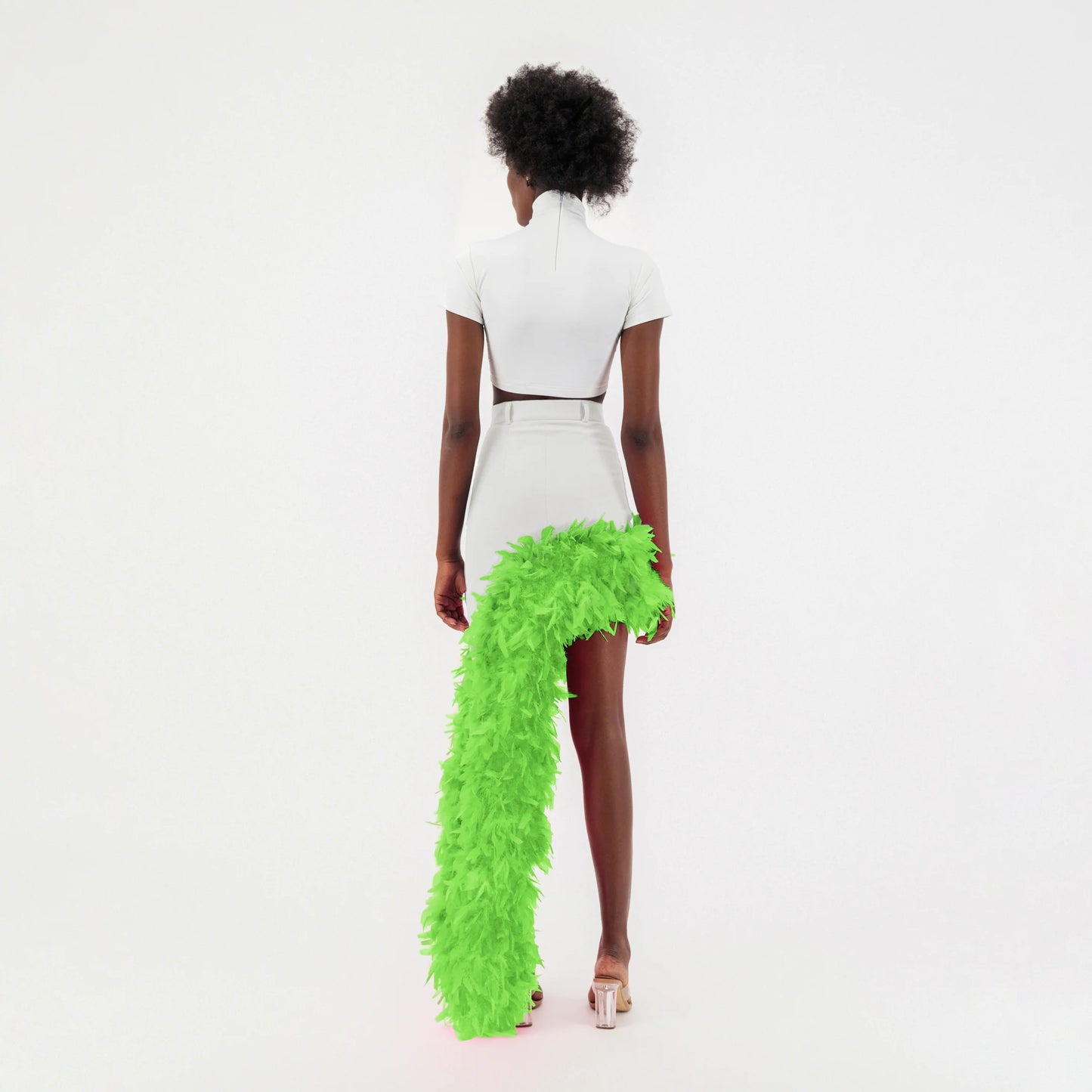 White Denim Asymmetrical Green Feather Trim Skirt