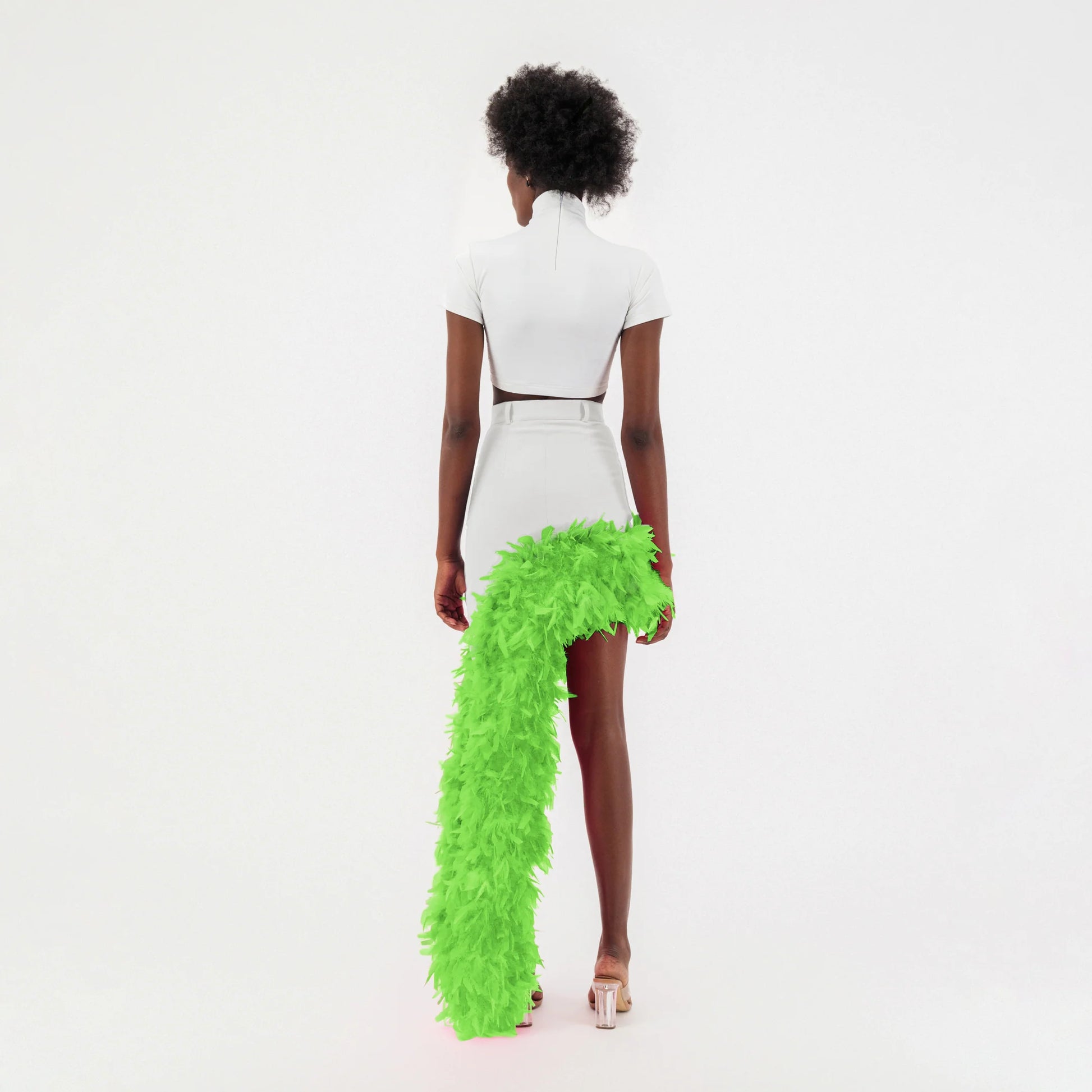 White Denim Asymmetrical Green Feather Trim Skirt