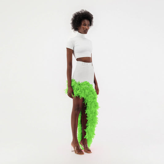 White Denim Asymmetrical Green Feather Trim Skirt