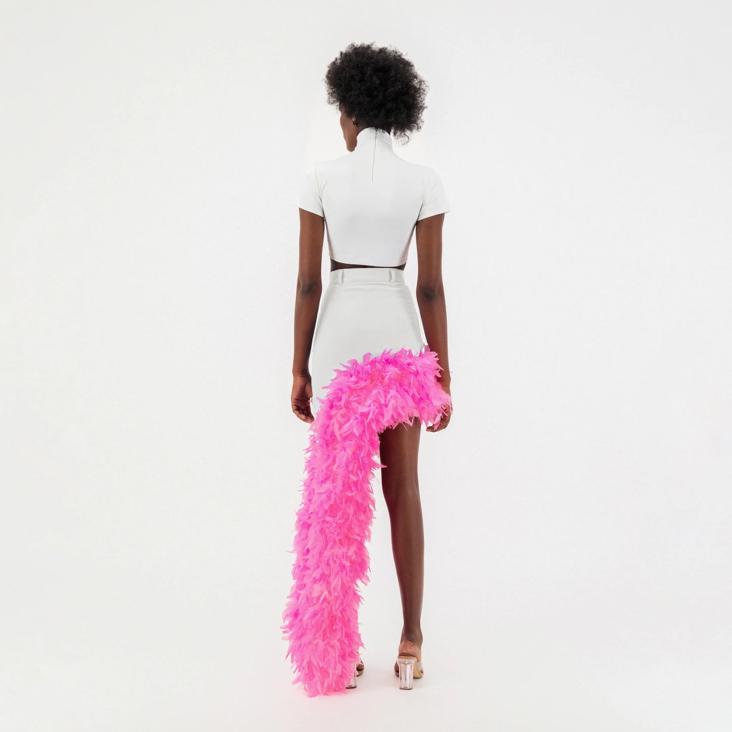 White Denim Asymmetrical Pink Feather Trim Skirt