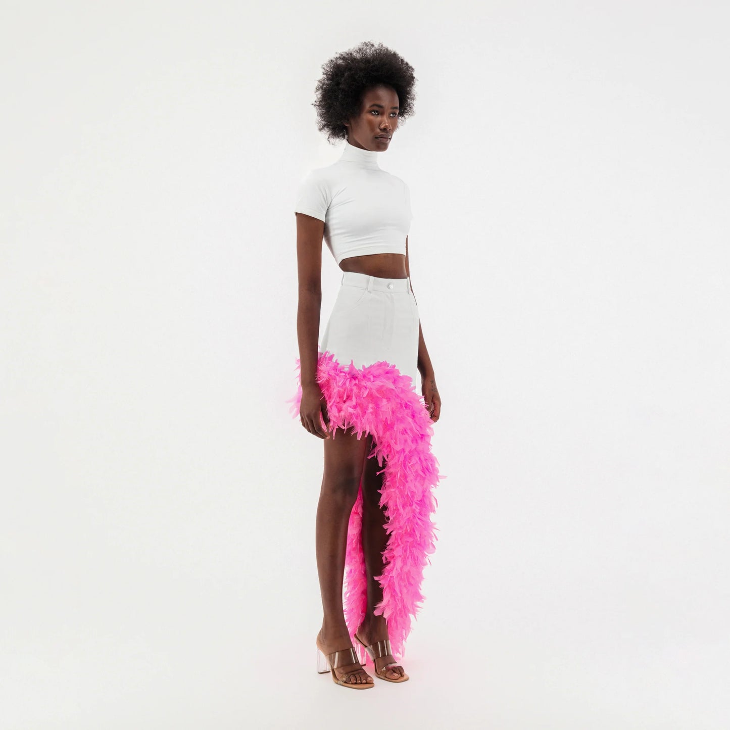 White Denim Asymmetrical Pink Feather Trim Skirt